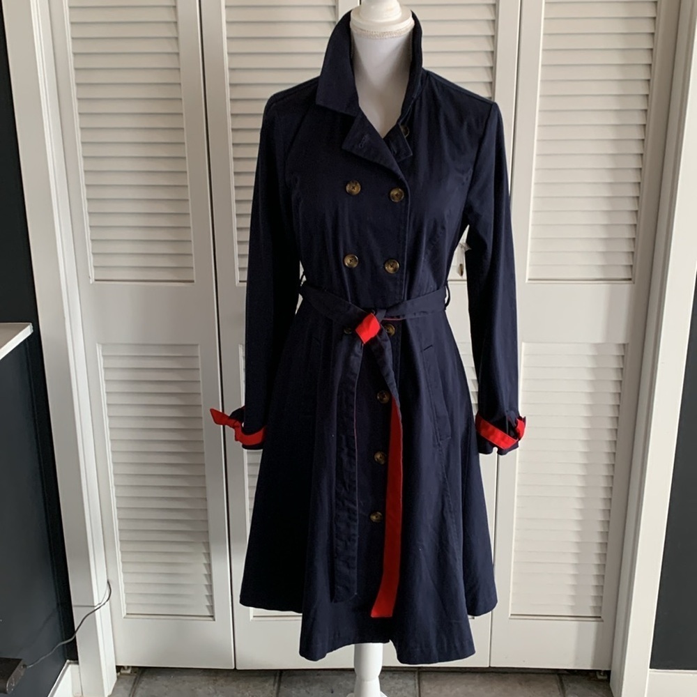 Modcloth Women's Classic Imagination Trench Coat Swing Navy Blue Red NWT Size M - Picture 5 of 16